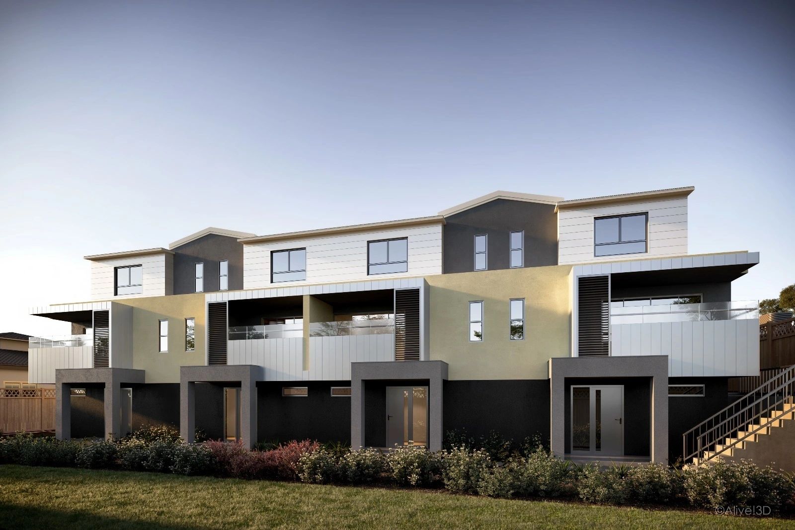 Rendered daytime view of a three-storey townhouse row with balconies